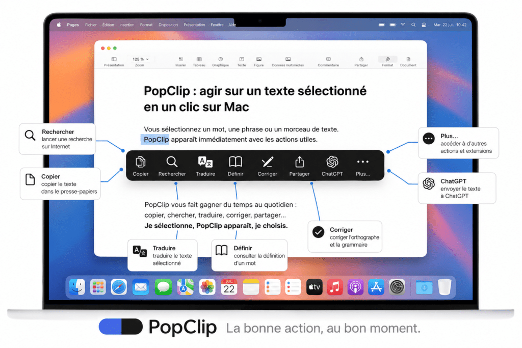 PopClip sur Mac affichant des actions sur un texte sélectionné