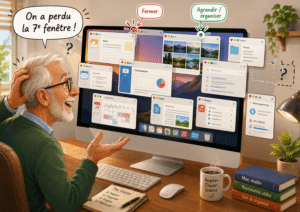 Utilisateur cherchant une fenêtre disparue parmi plusieurs fenêtres ouvertes sur Mac