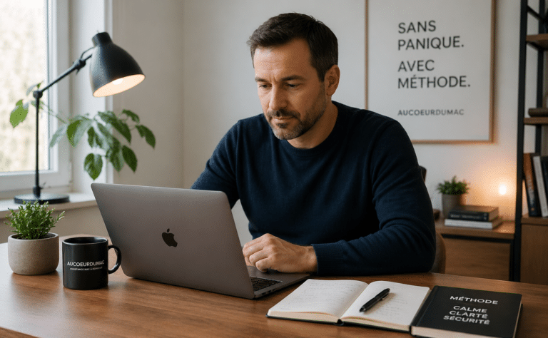 personne consultant son Mac avec calme après un incident numérique et une action structurée et sans panique