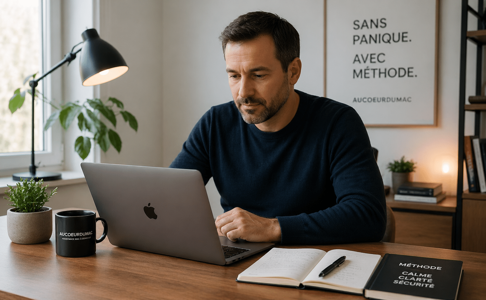 Personne consultant son Mac avec calme après un incident numérique – réaction structurée sans panique