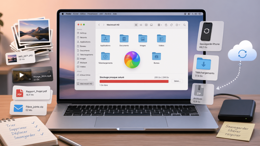 Mac bloqué avec roue multicolore, Finder figé et disque plein