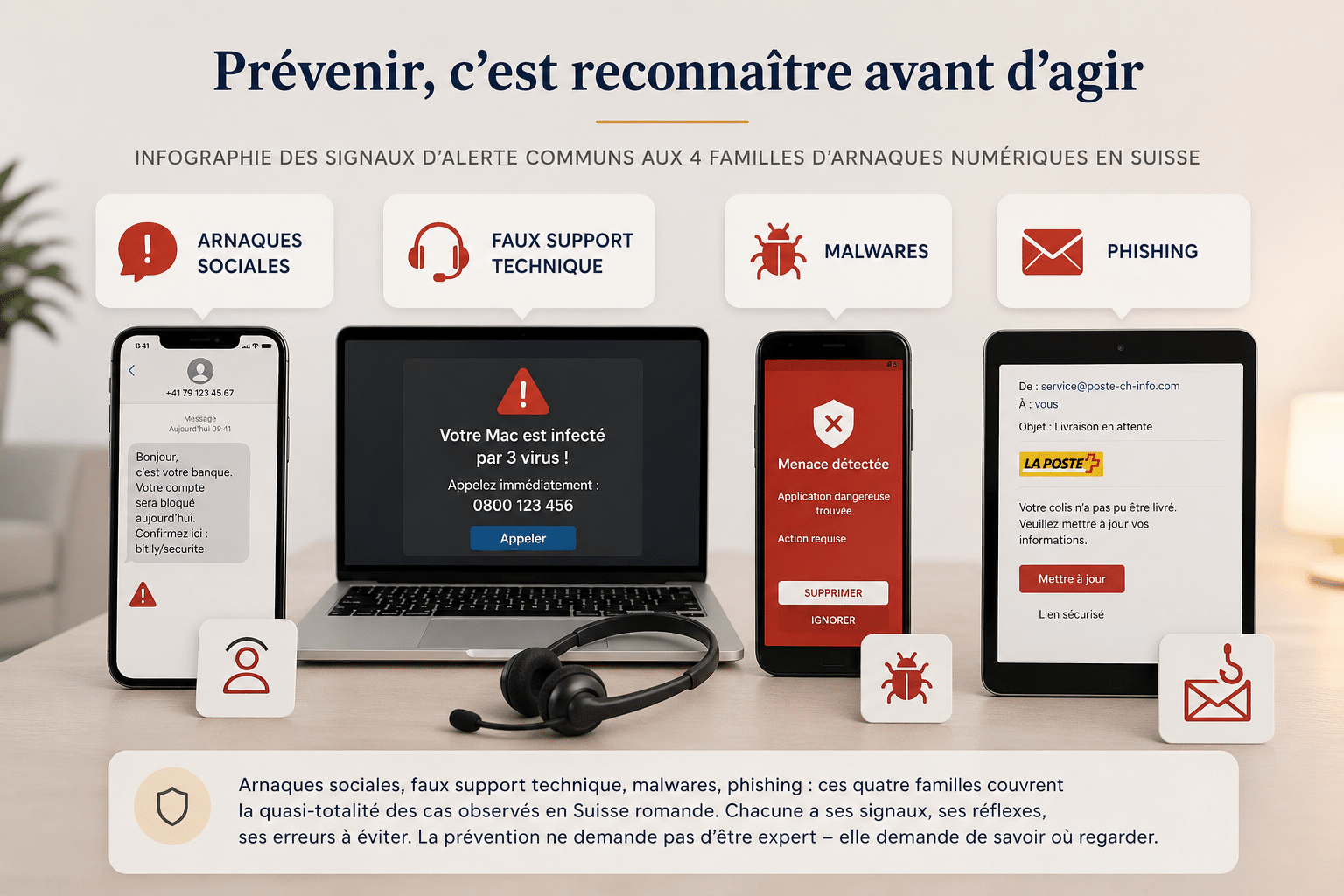 Infographie des signaux d’alerte communs aux 4 familles d’arnaques numériques en Suisse