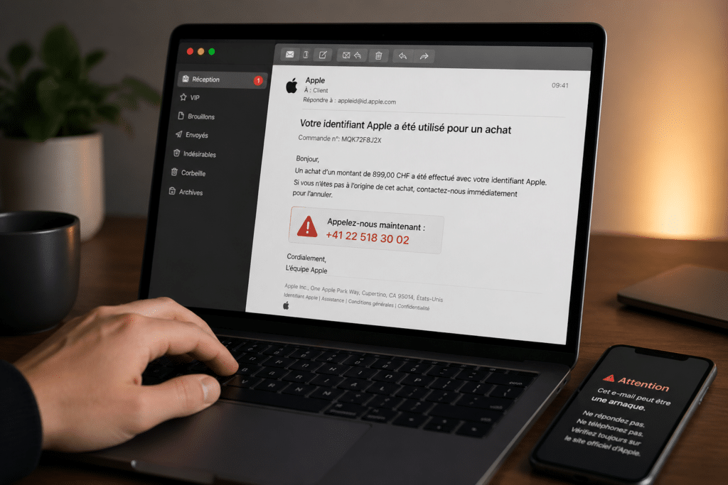 Arnaque email Apple sur Mac : exemple de faux message demandant d’appeler un numéro