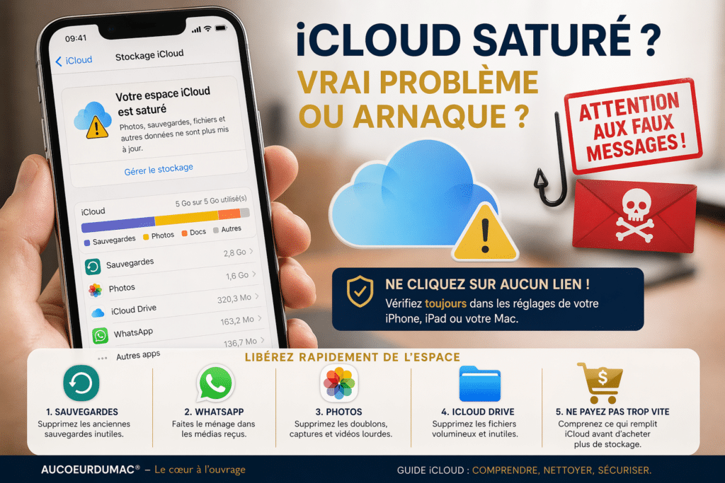 Message iCloud saturé sur iPhone avec alerte de prudence contre les arnaques Apple