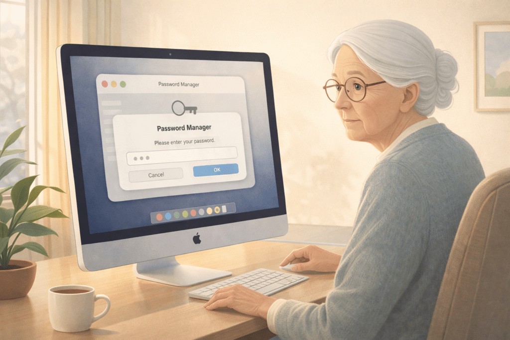Appli Mots de Passe sur Mac demandant un mot de passe — utilisatrice senior