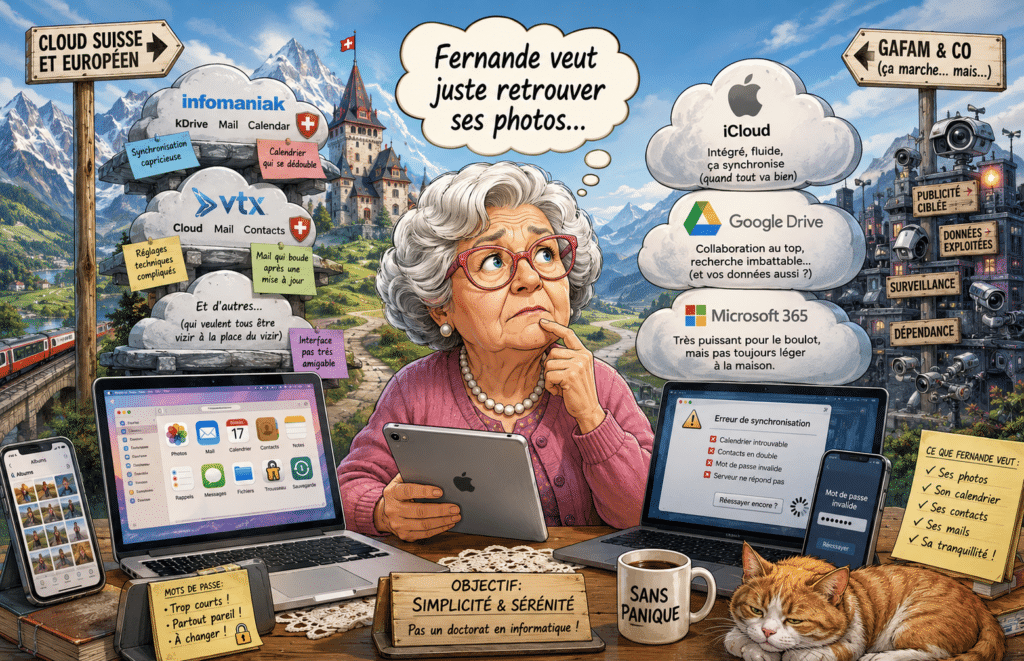 Illustration humoristique comparant cloud suisse, iCloud Apple et services Google avec Fernande cherchant simplement à retrouver ses photos et son calendrier.