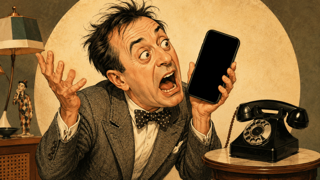 Illustration humoristique pour ACDM sur le smartphone IA, le retour du standard téléphonique et la simplicité du clic sur iPhone.