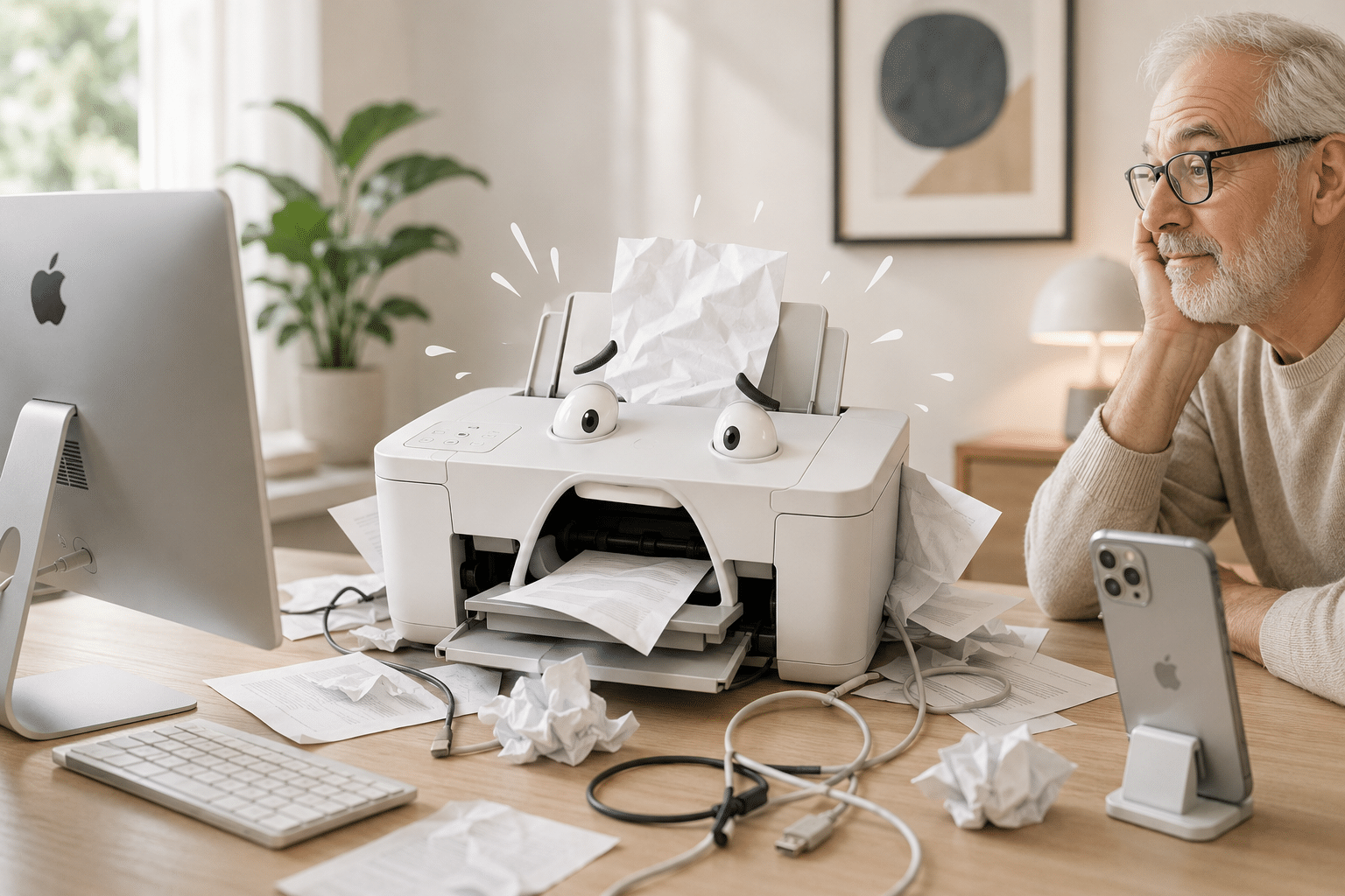 Imprimante en pleine crise existentielle dans un bureau moderne