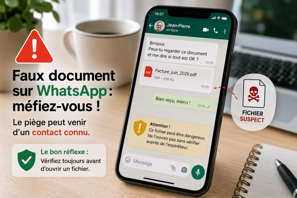 Faux document reçu sur WhatsApp depuis un contact connu, avec alerte de sécurité numérique.