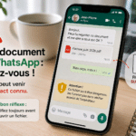 Faux document reçu sur WhatsApp depuis un contact connu, avec alerte de sécurité numérique.