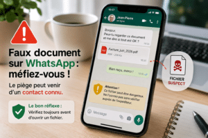 Faux document reçu sur WhatsApp depuis un contact connu, avec alerte de sécurité numérique.