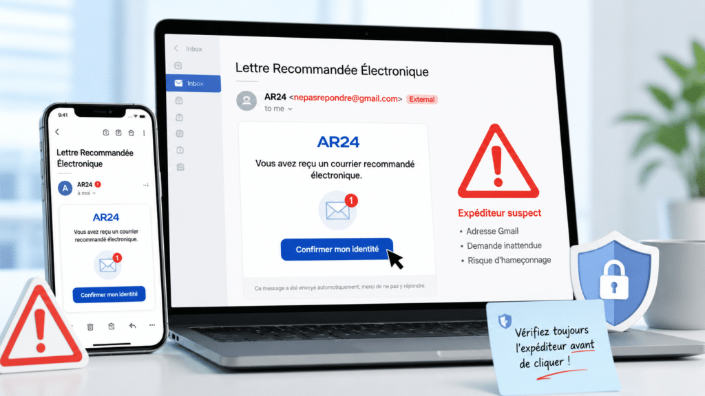 Faux mail AR24 imitant une lettre recommandée électronique avec bouton de confirmation d’identité