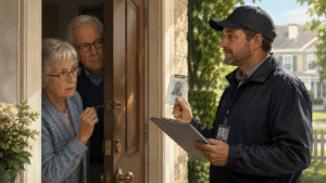 Couple de seniors prudent face à un faux agent du recensement présentant une carte à la porte de leur domicile.
