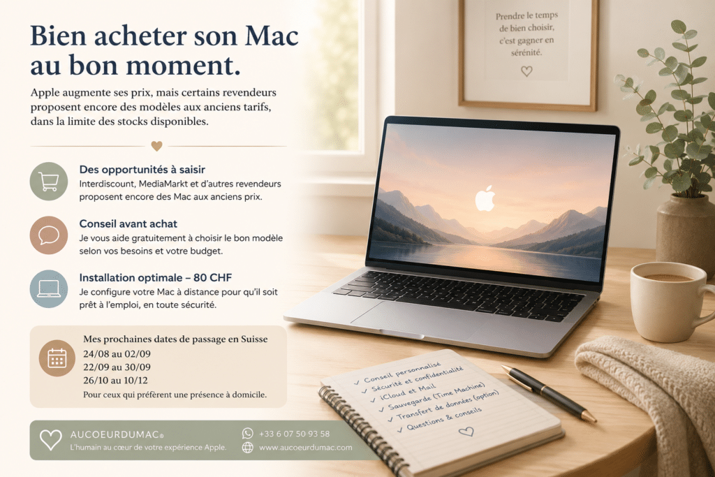 MacBook sur un bureau lumineux illustrant les promotions sur les Mac en Suisse et la mise en service à distance par AUCOEURDUMAC®.