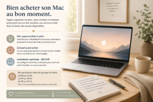 MacBook sur un bureau lumineux illustrant les promotions sur les Mac en Suisse et la mise en service à distance par AUCOEURDUMAC®.
