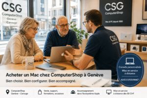 Couple senior conseillé devant un MacBook dans un intérieur lumineux à Genève, illustrant l’achat accompagné d’un Mac chez ComputerShop avec AUCOEURDUMAC®.