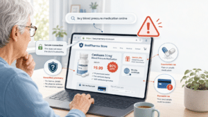 Senior vérifiant un faux site de pharmacie en ligne sur son ordinateur avec des signaux d’alerte