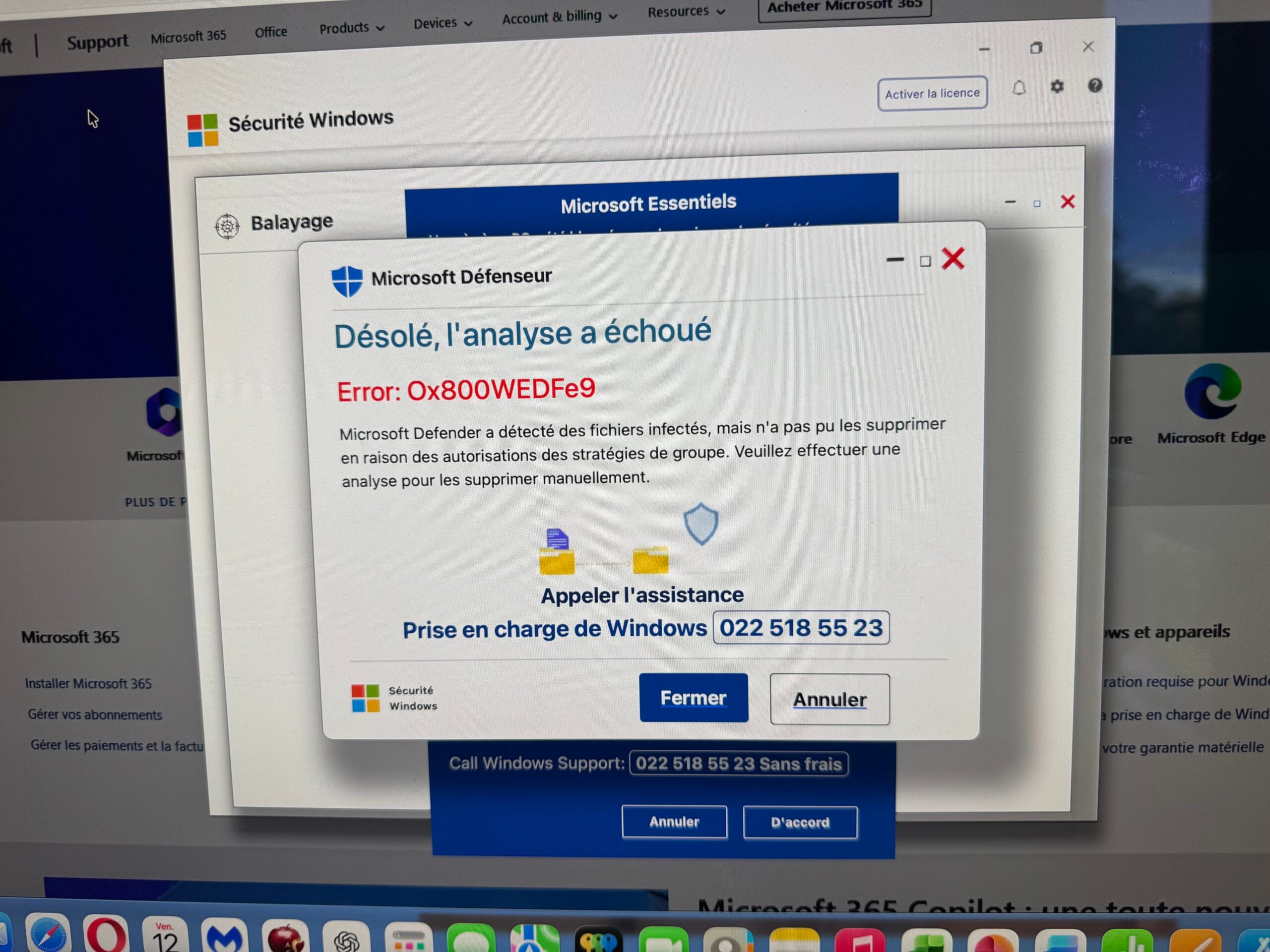 Fausse alerte Microsoft Defender avec numéro de support frauduleux