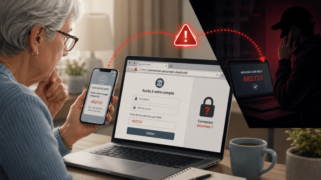 Illustration d’une arnaque bancaire où un faux site détourne un vrai code SMS