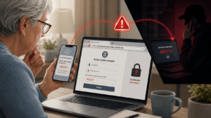 Illustration d’une arnaque bancaire où un faux site détourne un vrai code SMS
