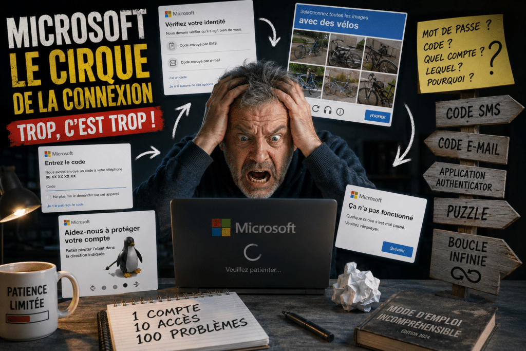 Utilisateur exaspéré devant un ordinateur avec des fenêtres de connexion Microsoft, codes SMS, puzzles de sécurité et messages d’erreur
