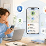 Illustration d’un iPhone sécurisé contre le vol avec Localiser, mode Perdu et protection du compte Apple