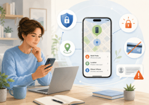 Illustration d’un iPhone sécurisé contre le vol avec Localiser, mode Perdu et protection du compte Apple