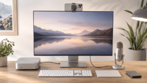 Mac mini M4 installé avec écran 32 pouces, clavier Apple, Magic Trackpad et iPhone utilisé comme webcam