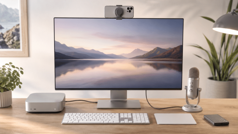 Mac mini M4 installé avec écran 32 pouces, clavier Apple, Magic Trackpad et iPhone utilisé comme webcam
