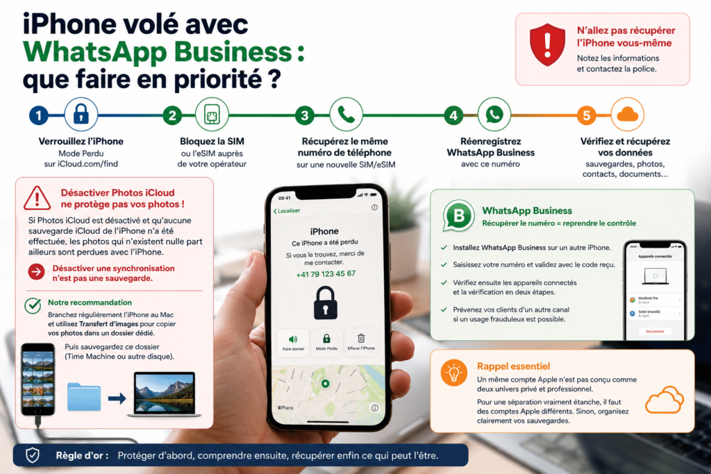 iPhone volé avec WhatsApp Business : sécuriser le téléphone, le numéro et les conversations clients