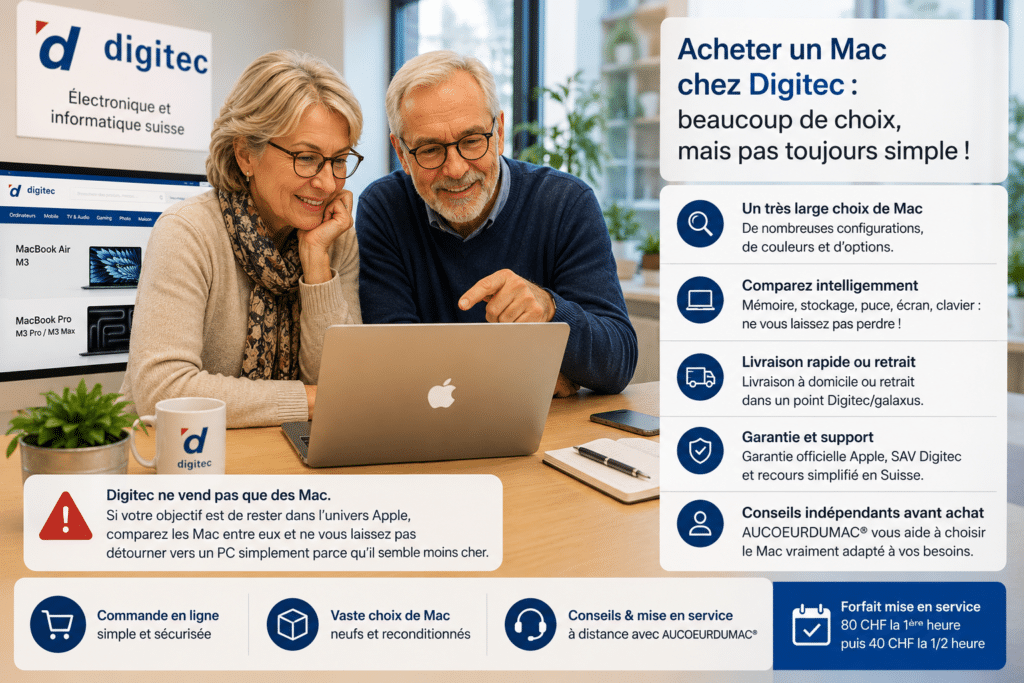 Personne comparant plusieurs MacBook sur Digitec avec conseil indépendant AUCOEURDUMAC pour choisir la bonne configuration et préparer la mise en service.
