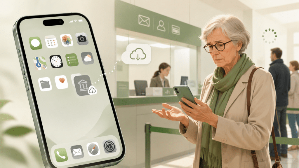Senior devant un guichet avec un iPhone affichant une application déchargée et un symbole de nuage.