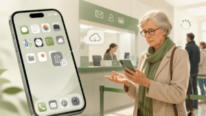 Senior devant un guichet avec un iPhone affichant une application déchargée et un symbole de nuage.