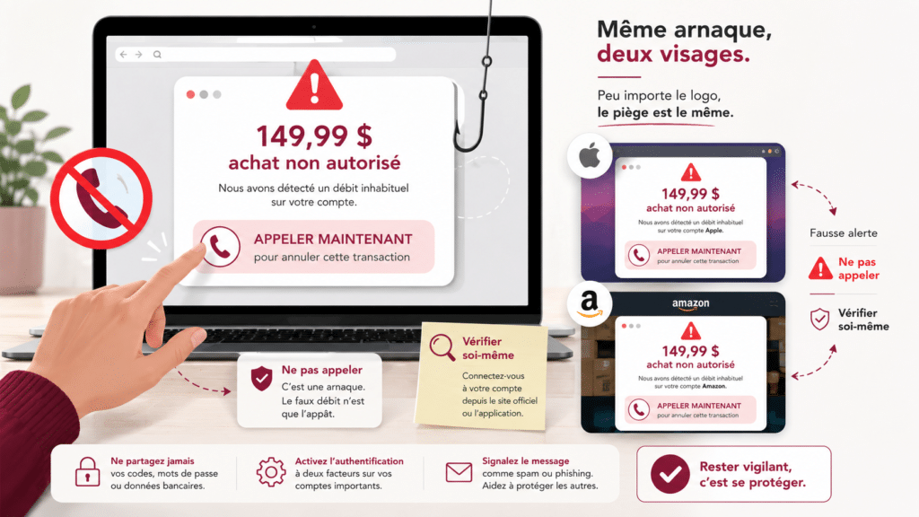 Fausse alerte Apple ou Amazon annonçant un débit de 149,99 dollars