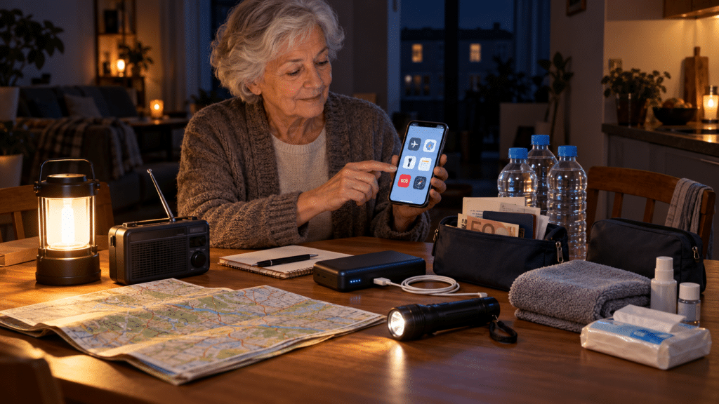 une scène réaliste, non catastrophiste, montrant un iPhone, une lampe autonome, une radio et une batterie externe sur une table, dans une maison privée d'électricité.